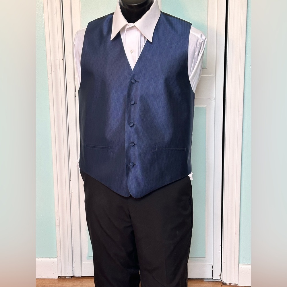 Navy Dark Blue Herringbone Closed Back Vest Wedding Prom Men’s M Medium